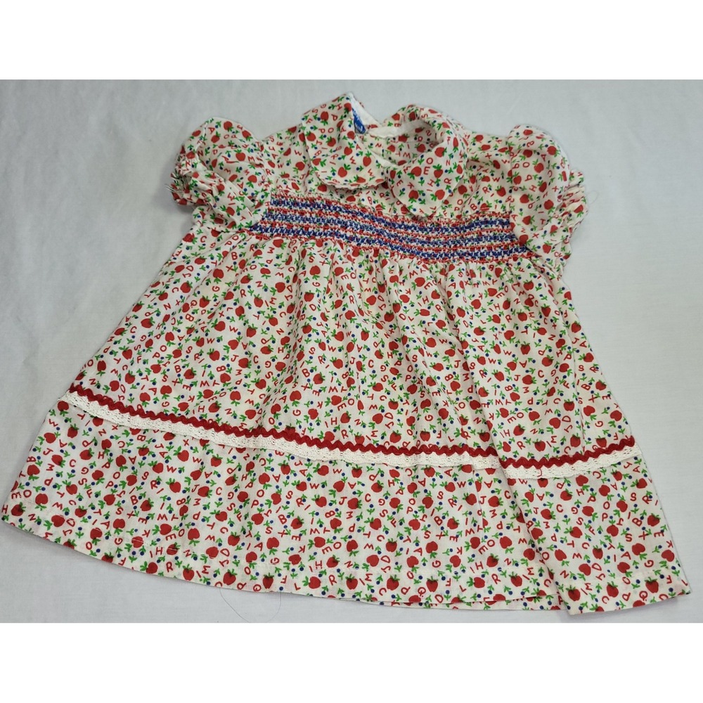 Queen's-Way To Fashion Dress Baby Girl 12M White Red Alphabet Smocked Vintage